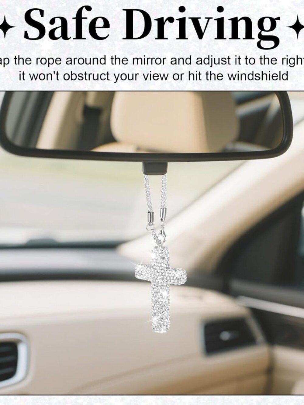 Cross for Car Mirror Hanging, Silver Bling Cars Pendant Charm - Picture 4 of 7